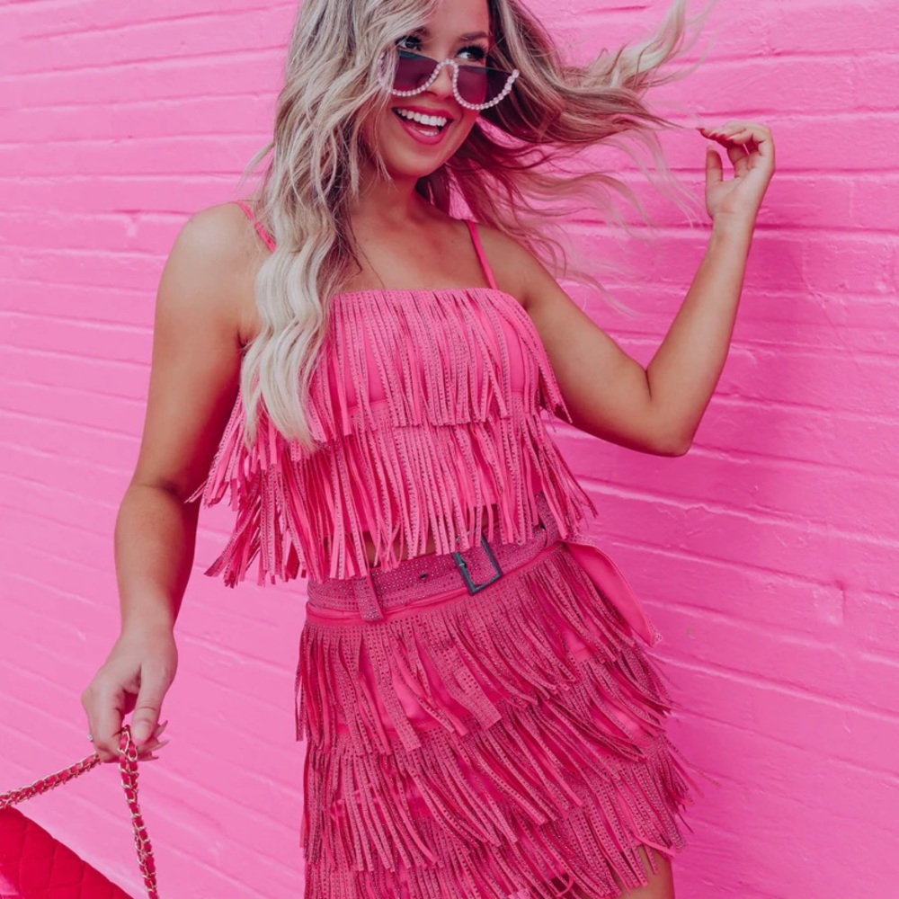 Pink Fringe Top with Rhinestones